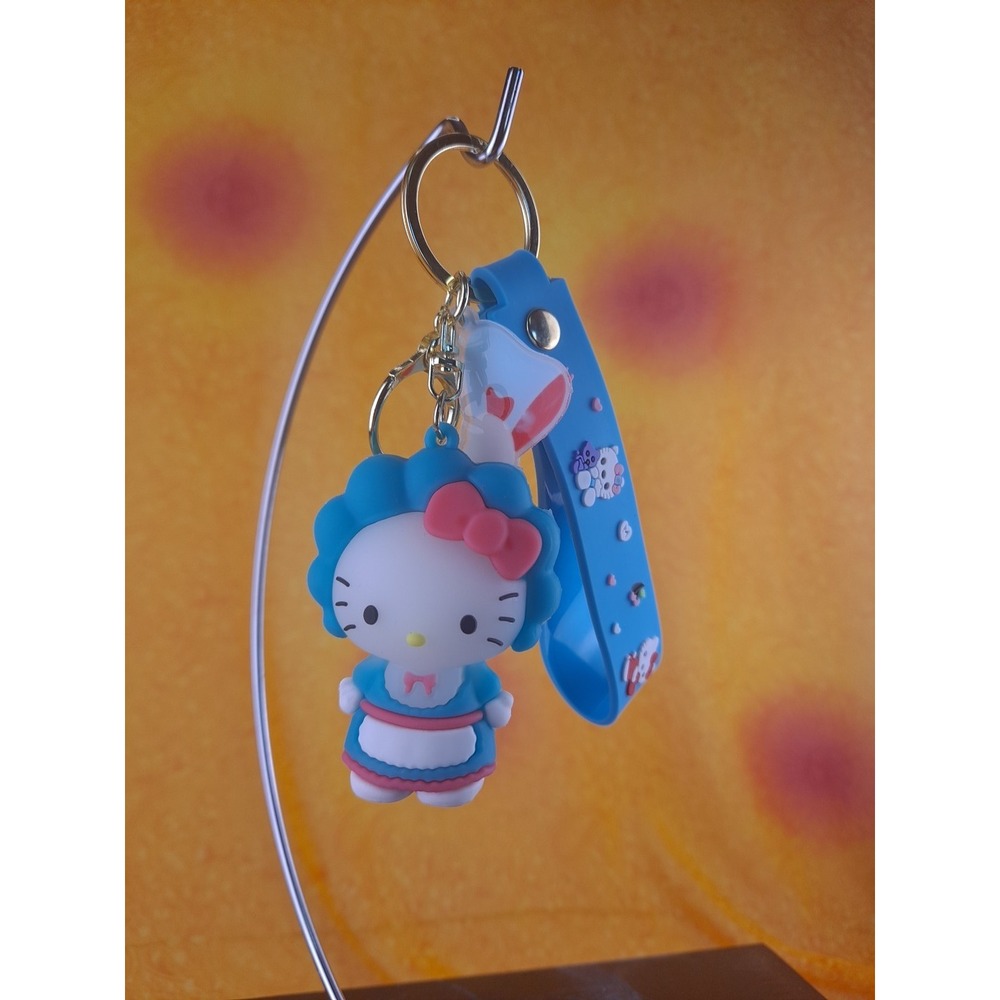 Hello Kitty In Blue White Pink Costume Rubber & Metal Keychain